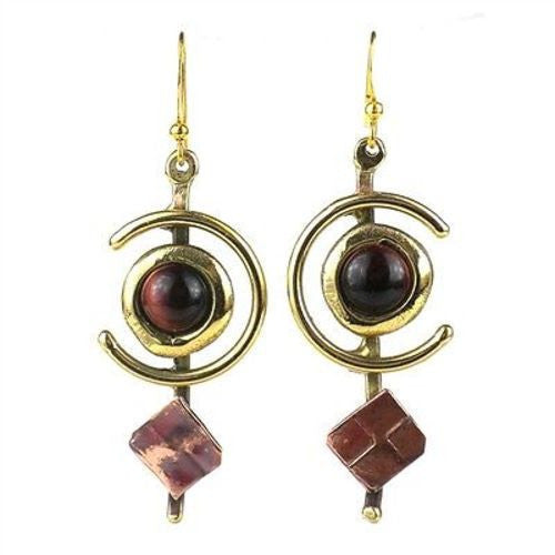 Earthy Red Tiger Eye "C" Brass and Copper Earrings - Brass Images (E)