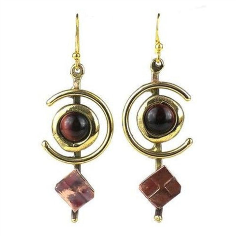 Earthy Red Tiger Eye "C" Brass and Copper Earrings - Brass Images (E)